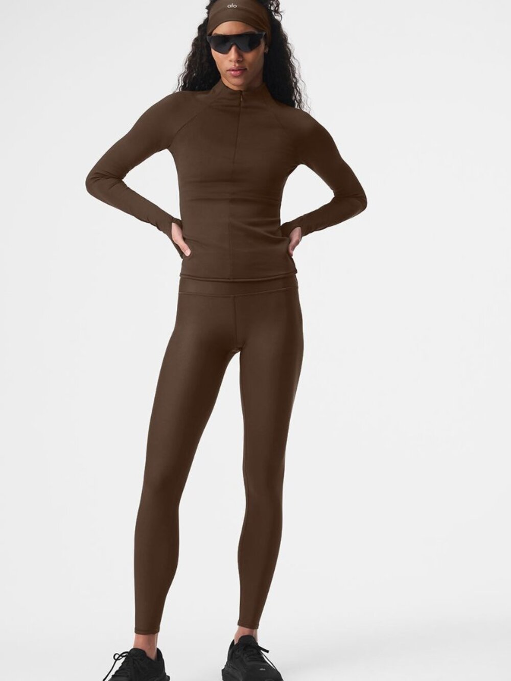 Alo Yoga Airlift Winter Warm 1/4 Zip Long Sleeve Espresso Top and Legging Size S